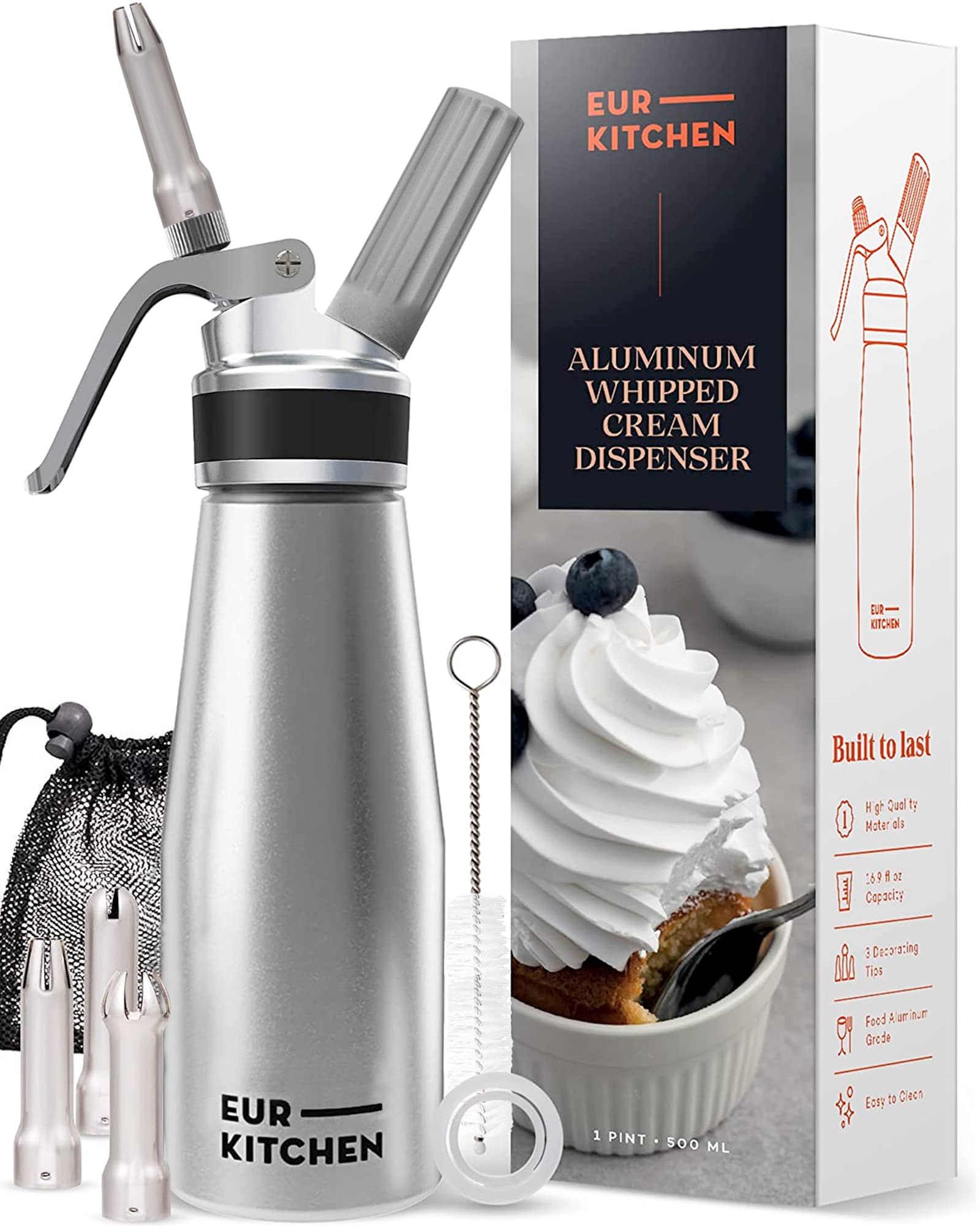 EurKitchen professional aluminum whipped cream dispenser pour tip for smooth, leak-free topping.