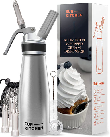 EurKitchen professional aluminum whipped cream dispenser pour tip for smooth, leak-free topping.