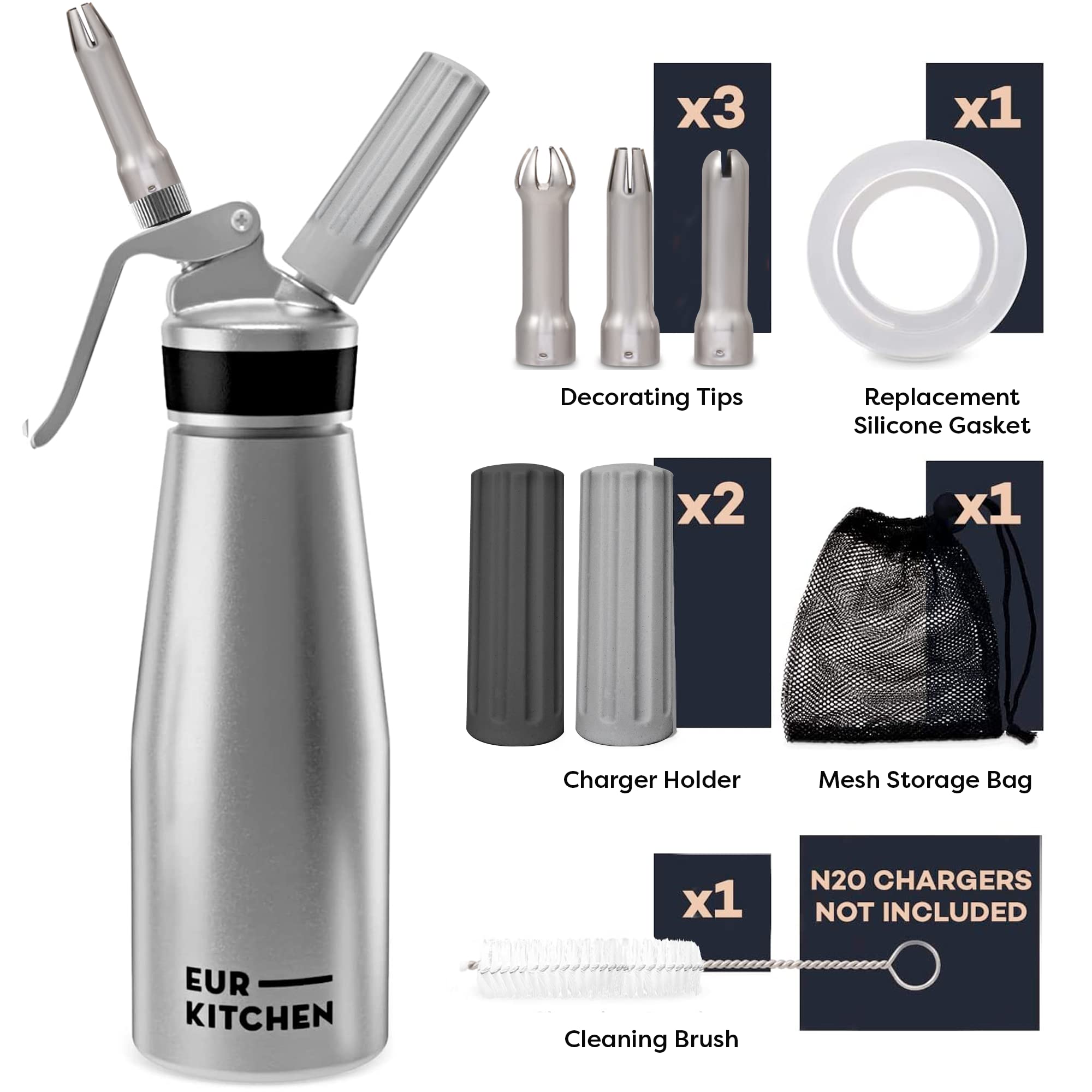 EurKitchen whipped cream dispenser with 3 nozzles for decorative patterns and pro presentation.