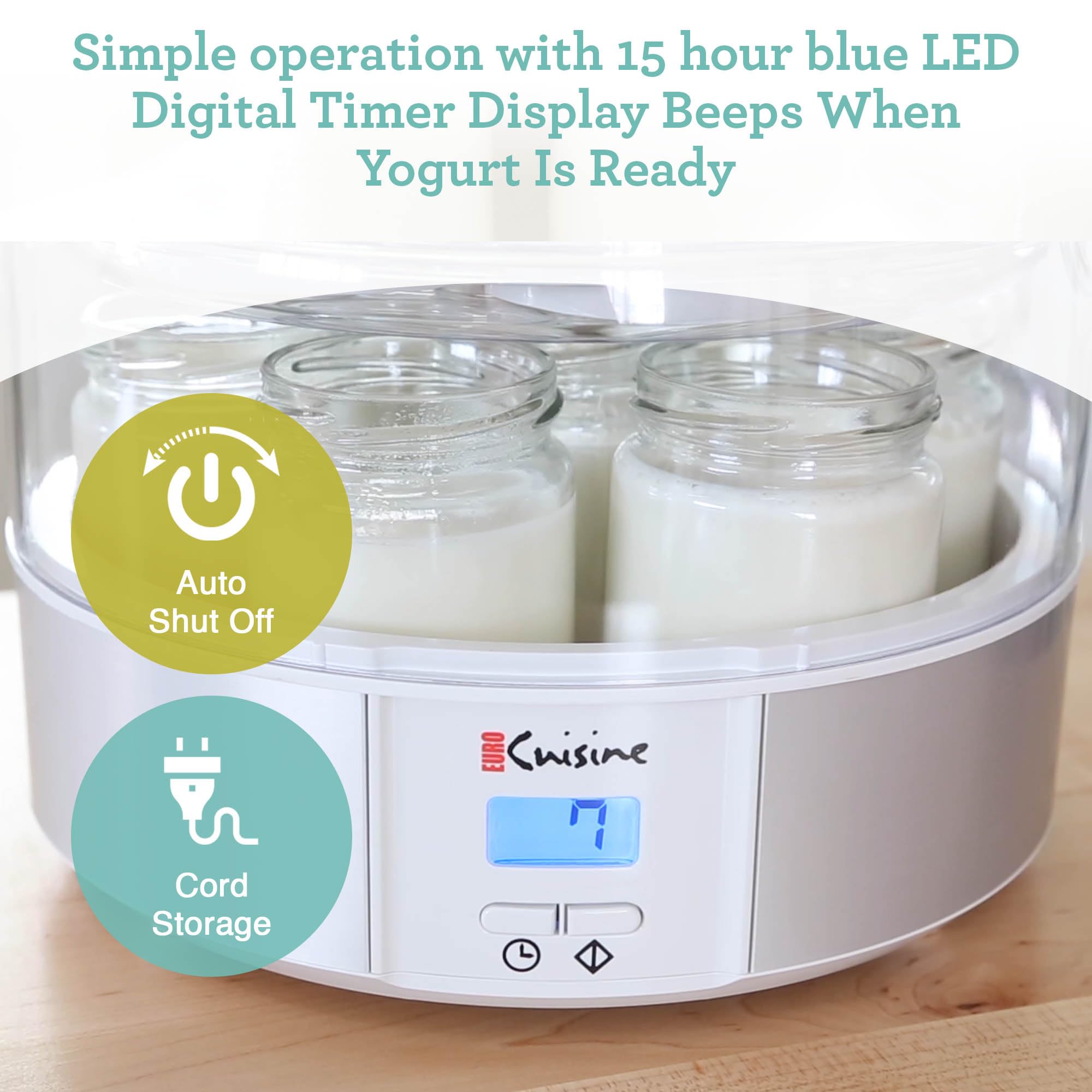 Euro Cuisine YMX650 auto shut-off for worry-free operation after yogurt is ready