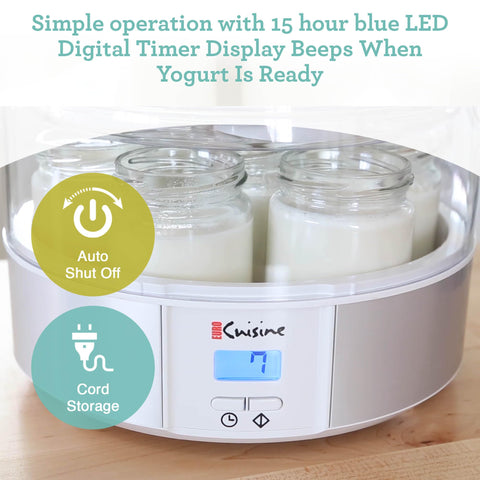 Euro Cuisine YMX650 auto shut-off for worry-free operation after yogurt is ready