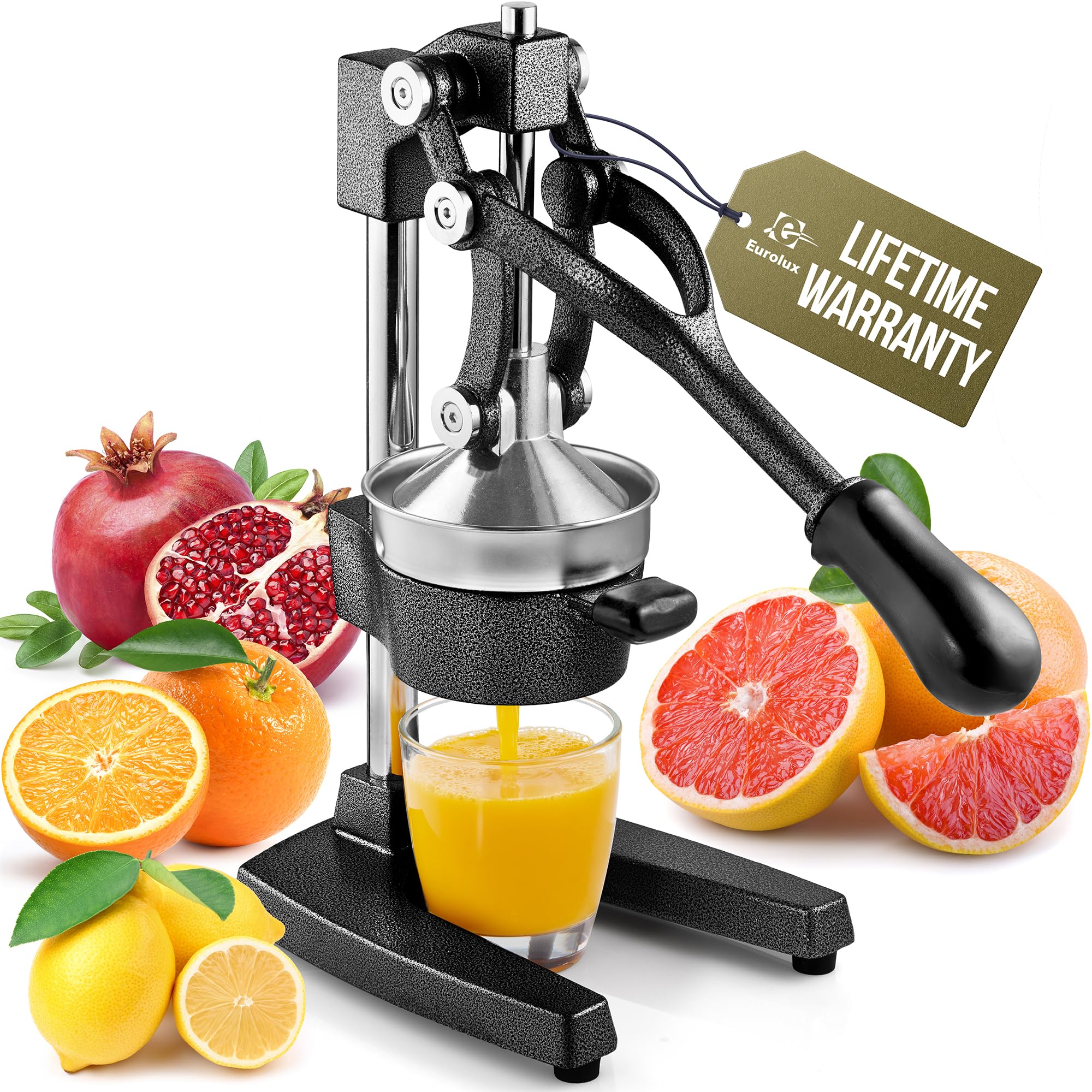 Eurolux cast iron juicer with lever-action for efficient citrus extraction.