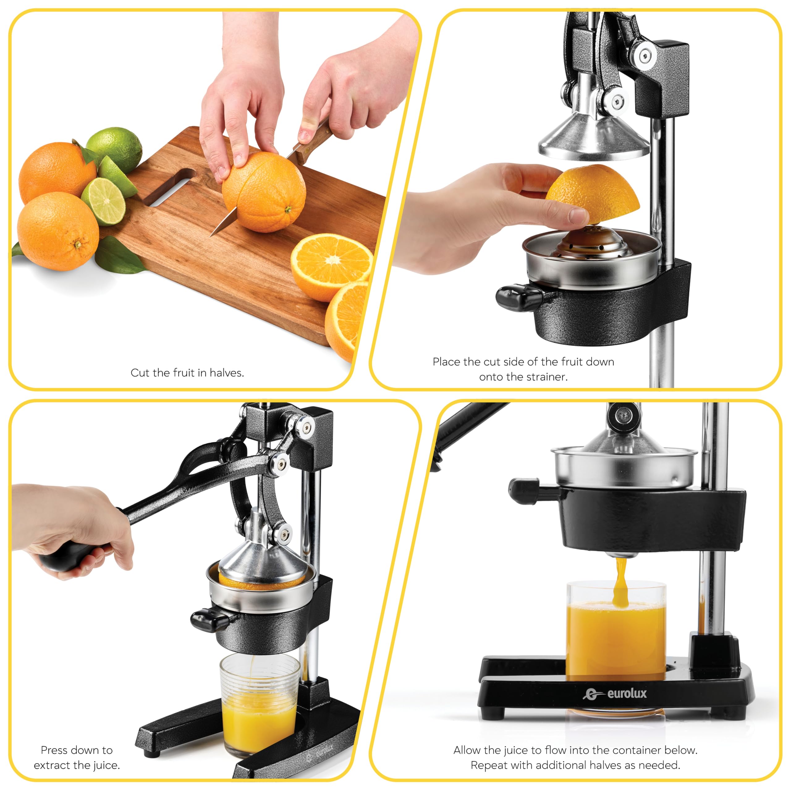 Eurolux commercial-grade juicer sits on a countertop for busy days.