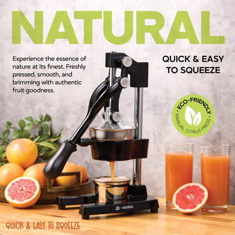Eurolux juicer with stainless steel cup catches freshly squeezed juice for recipes.