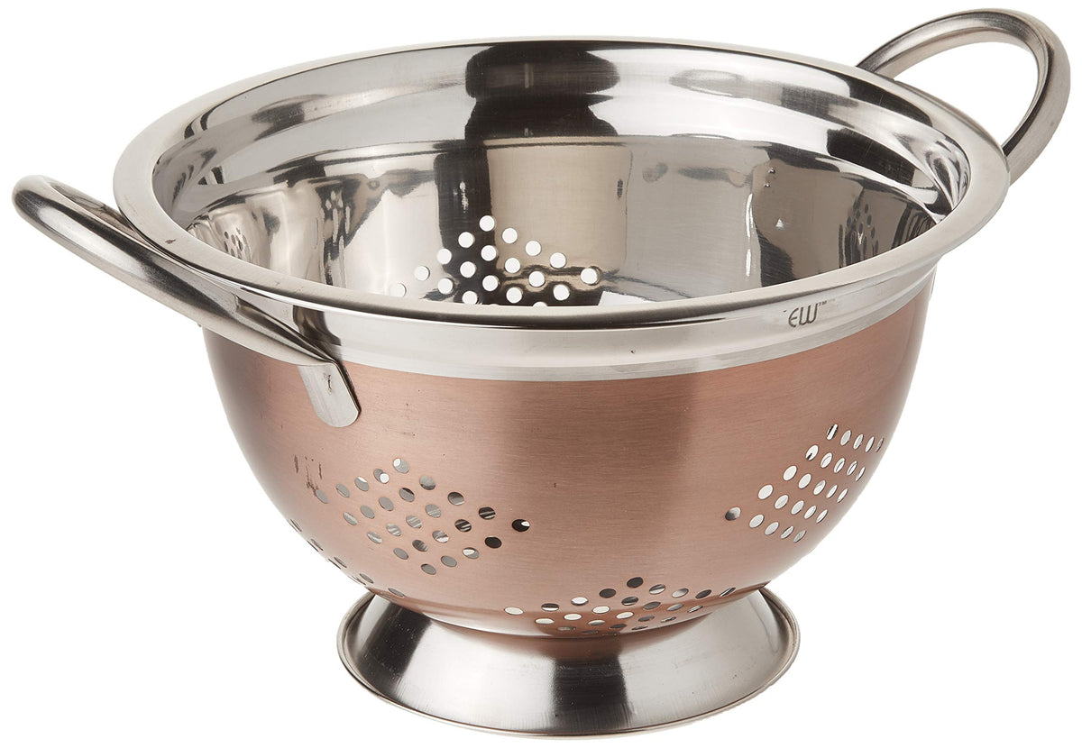 Euro-Ware 3-quart colander with copper finish for fast draining pasta.