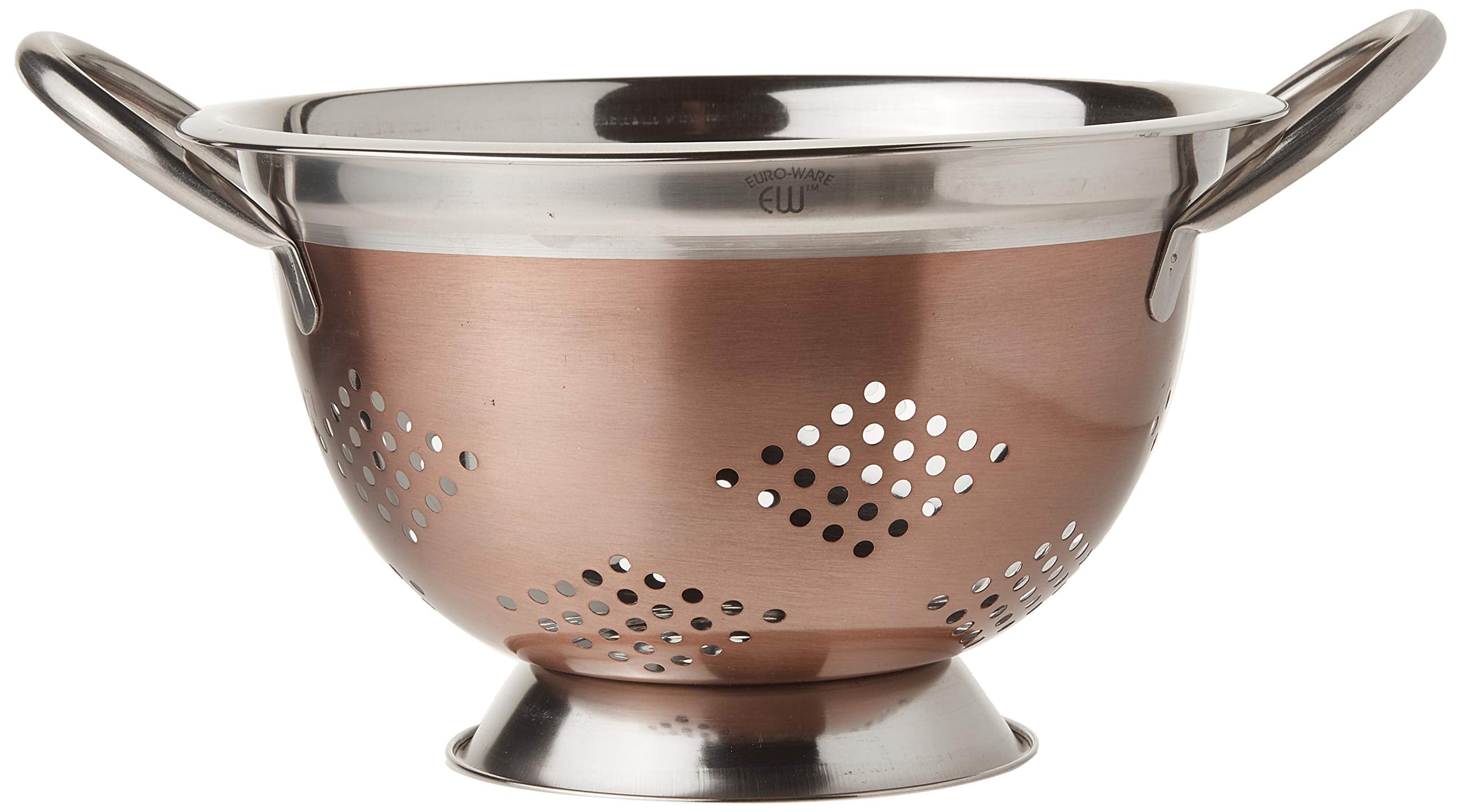 Euro-Ware stainless steel colander with copper finish shown while rinsing fruits and vegetables.