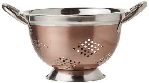 Euro-Ware stainless steel colander with copper finish shown while rinsing fruits and vegetables.