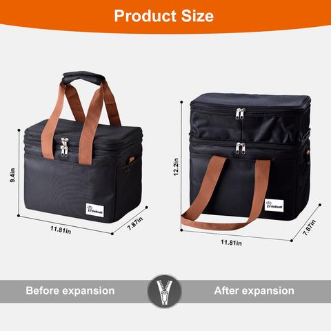 Eutopic lunch bag expandable compartments showing extra space for snacks and drinks.