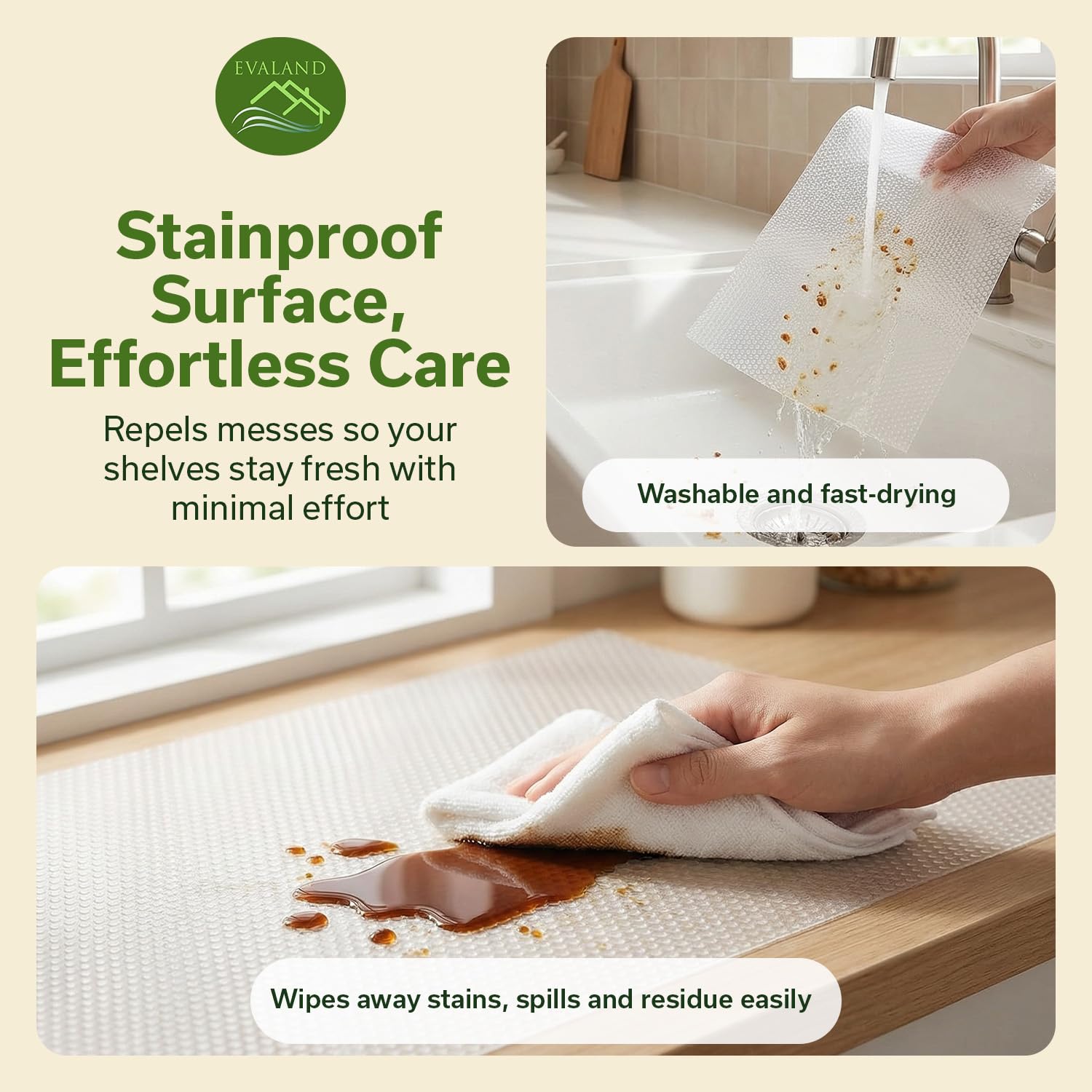 EVALAND washable liner keeps bathroom cabinets clean and tidy.