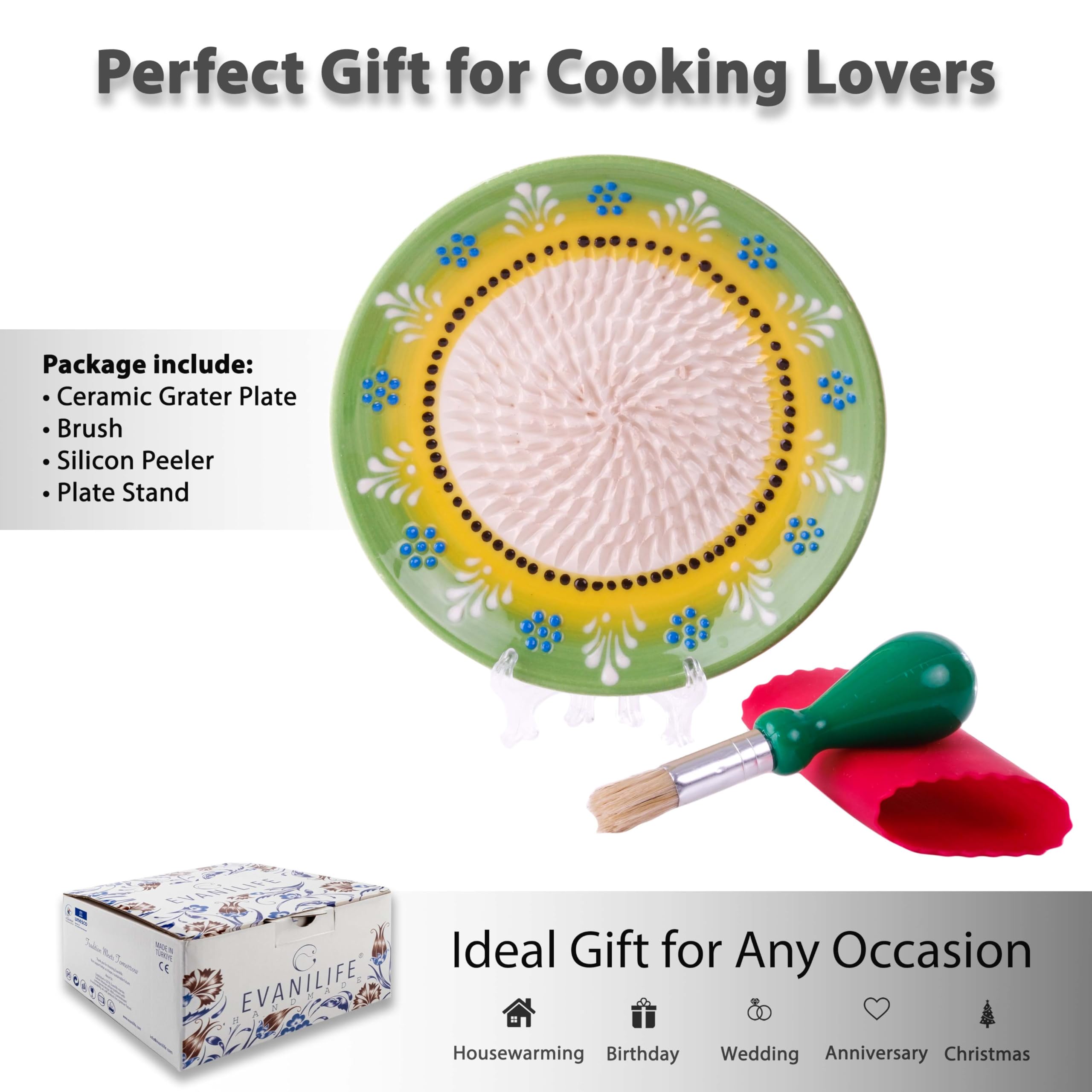 EVANILIFE versatile plate handles garlic, ginger, cheese, and chocolate