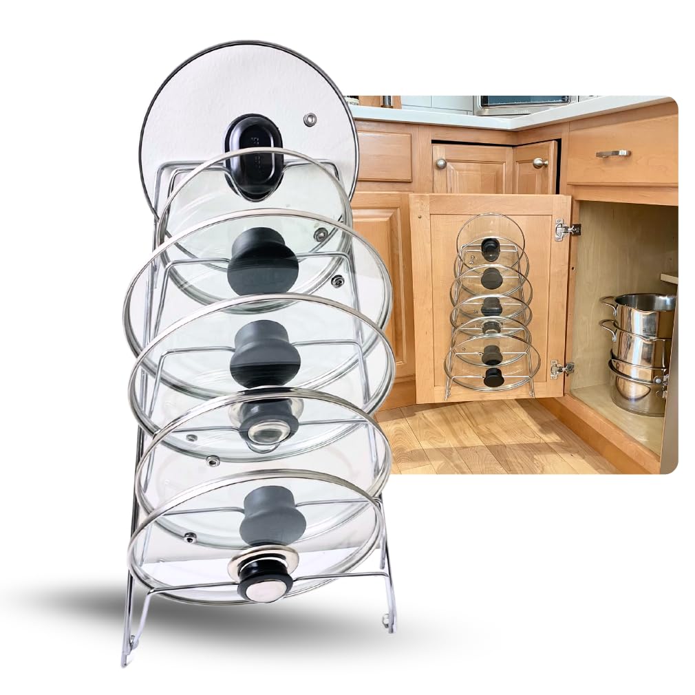 Evelots 6-tier lid organizer on cabinet door keeps lids neatly accessible.