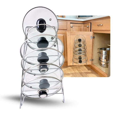Evelots 6-tier lid organizer on cabinet door keeps lids neatly accessible.