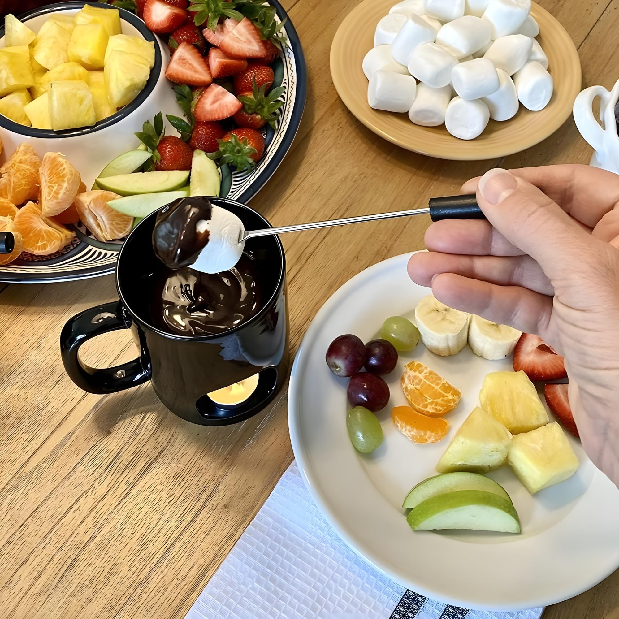 Cheese fondue with bread and vegetables using Evelots mugs.