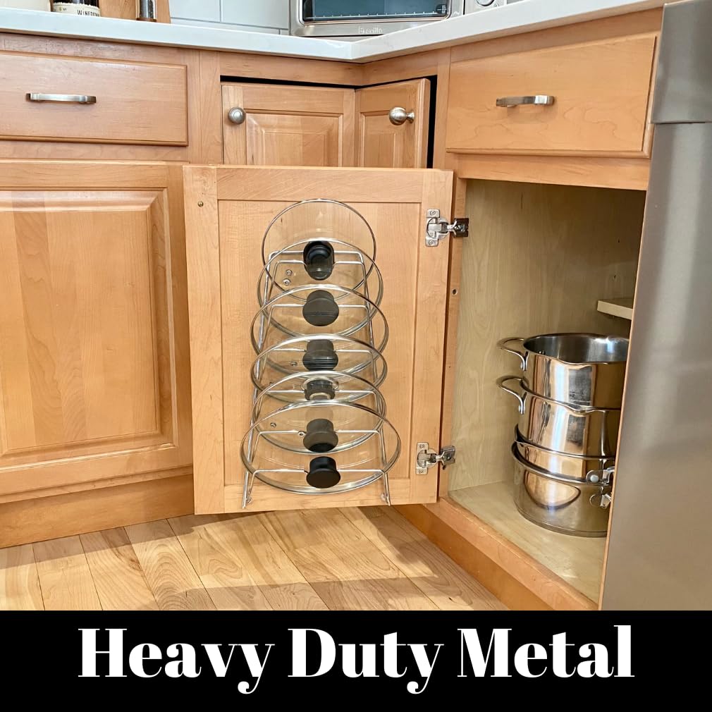 Chrome finish lid rack mounted for durable, rust-resistant lid storage with Evelots.