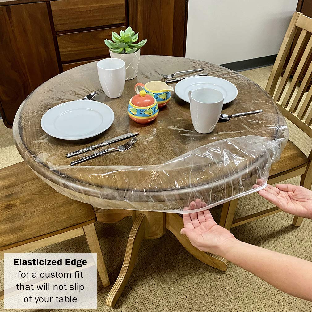 Evelots clear round table cover provides a snug fit during meals and crafts.