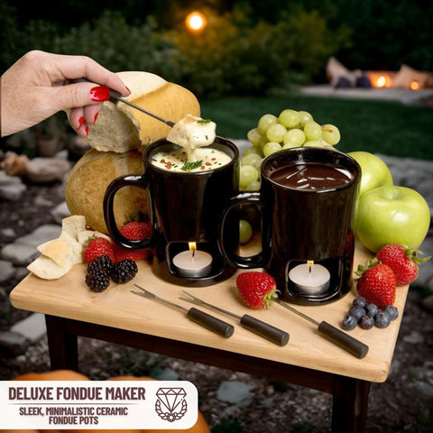 Evelots fondue forks included with mugs for easy dipping and sharing.