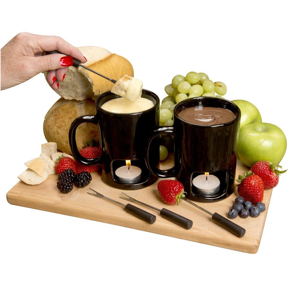 Evelots ceramic fondue mug set for cozy chocolate or cheese dipping.