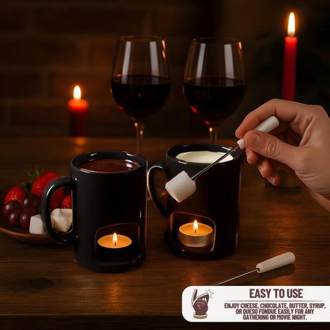 Mug has a built-in tealight compartment for consistent fondue temperature.