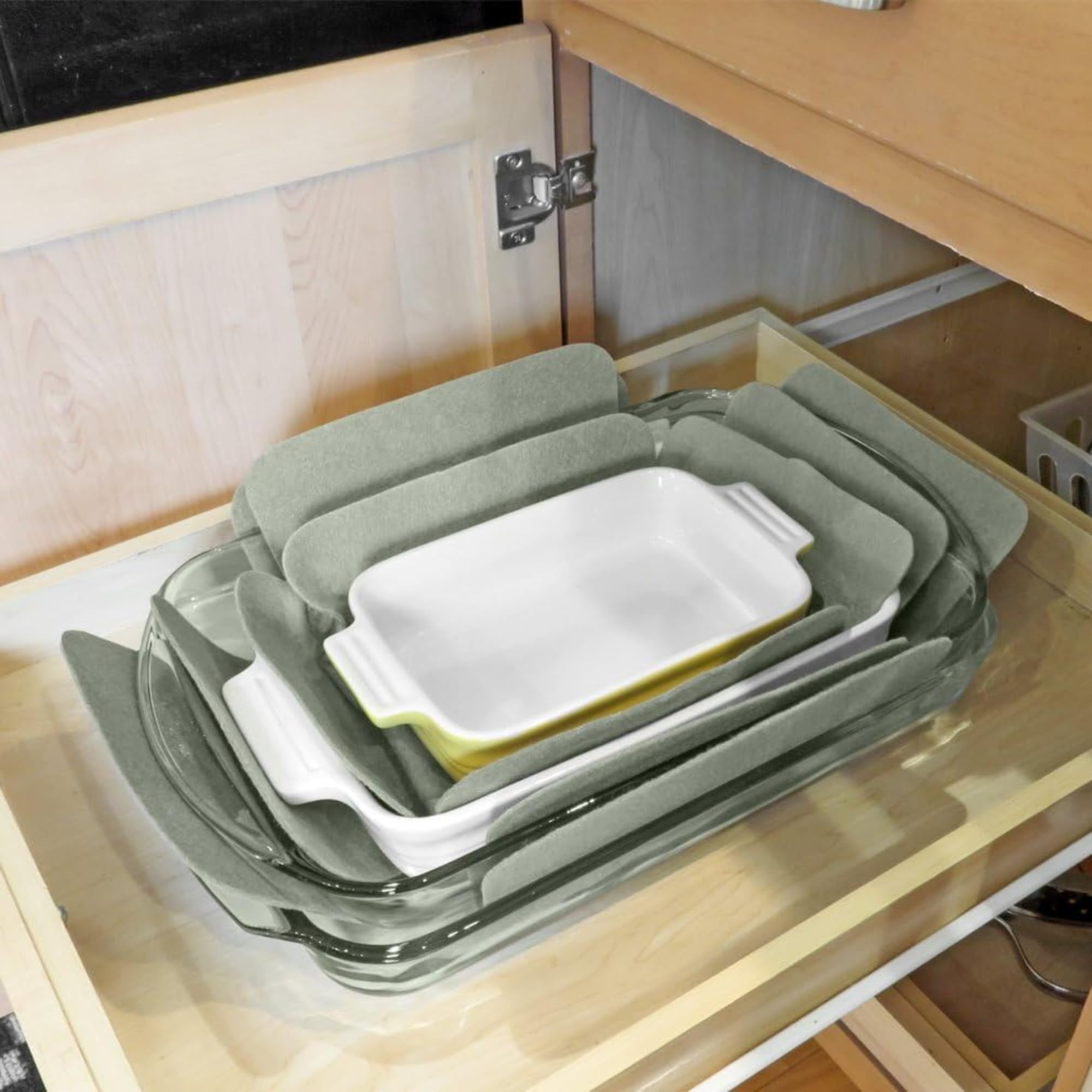 Evelots kitchen felt dividers reduce friction during stacking.