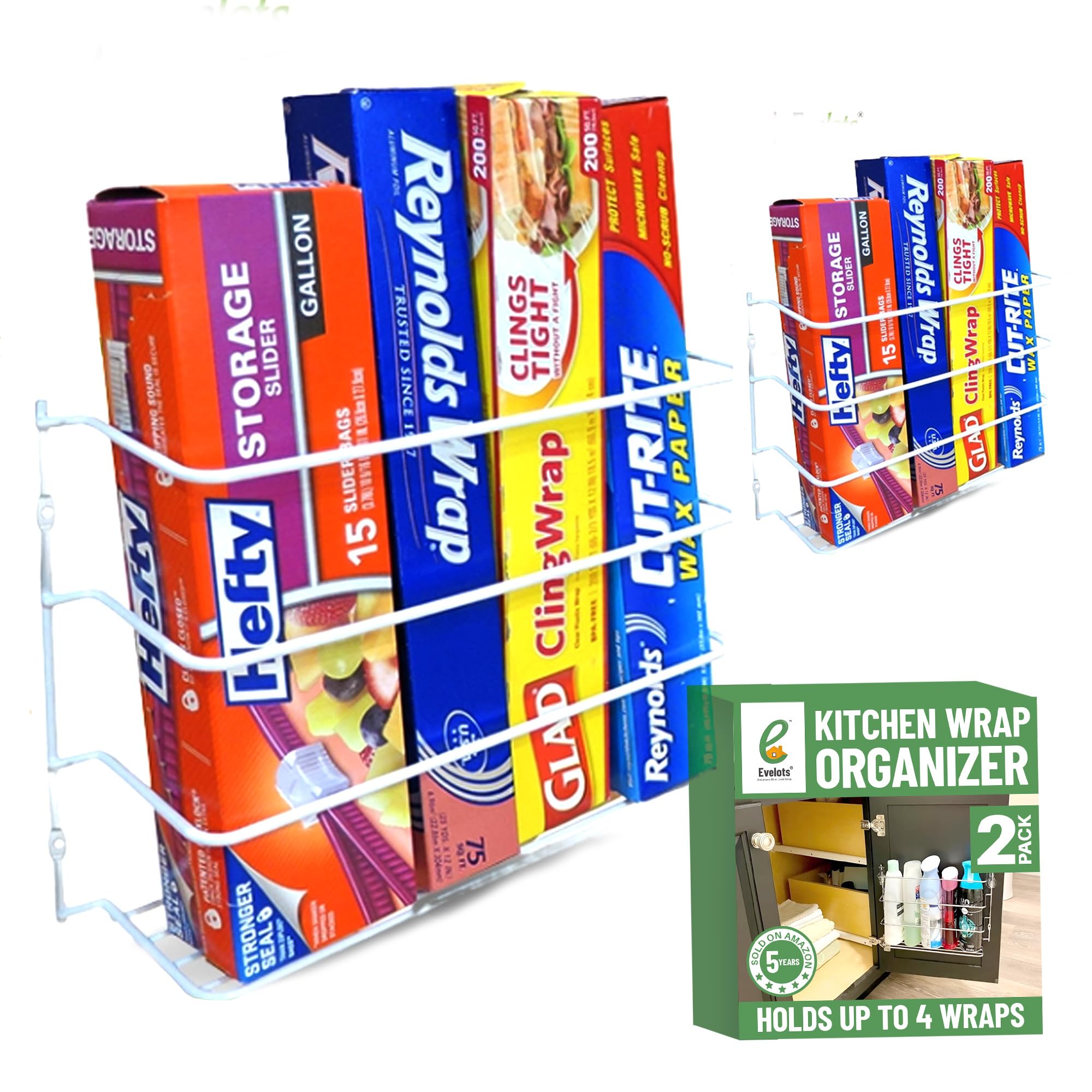 Evelots kitchen wrap organizer 2-pack wall mount keeps wraps tidy and accessible.