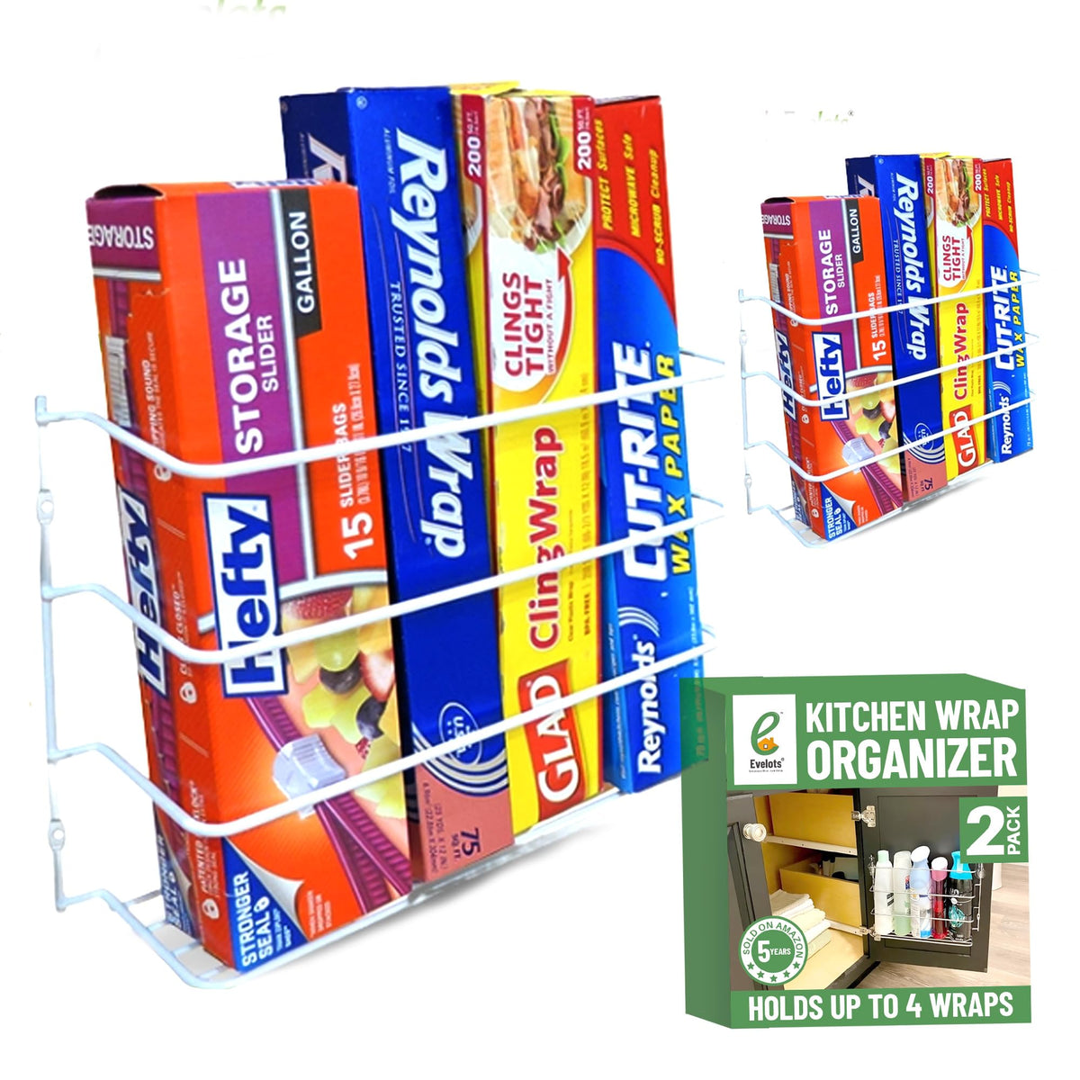 Evelots kitchen wrap organizer 2-pack wall mount keeps wraps tidy and accessible.