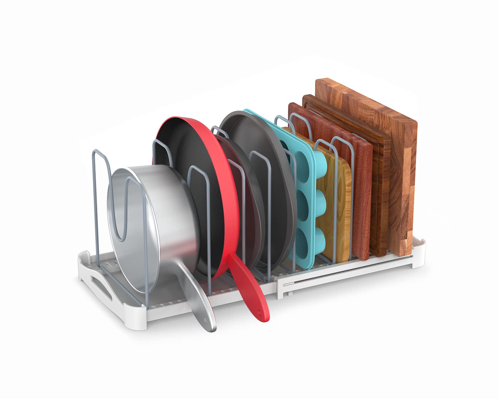 EVERIE adjustable bakeware organizer displaying pot lids for easy access.