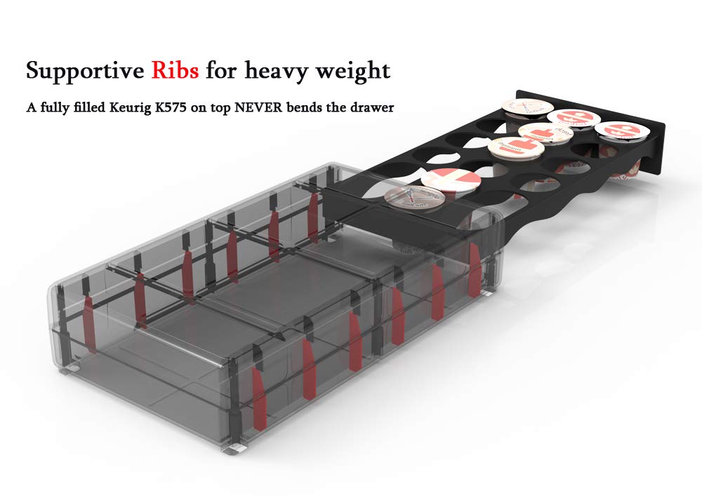 Everie coffee pod drawer with K-Cup slots organized for 18 pods.