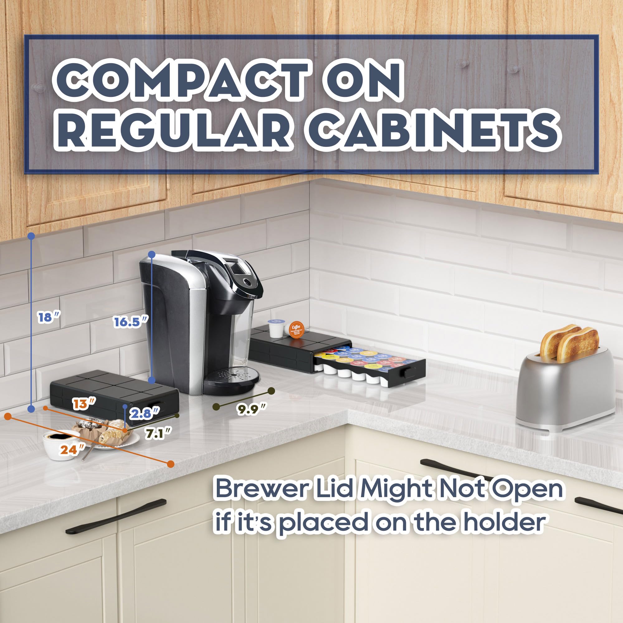 Everie coffee pod drawer on countertop beside coffee maker demonstrates practical setup.