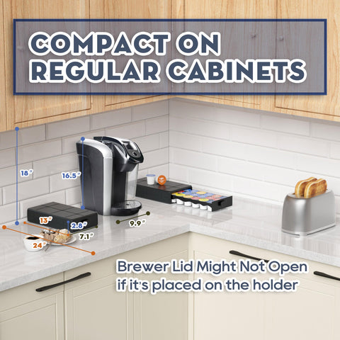 Everie coffee pod drawer on countertop beside coffee maker demonstrates practical setup.