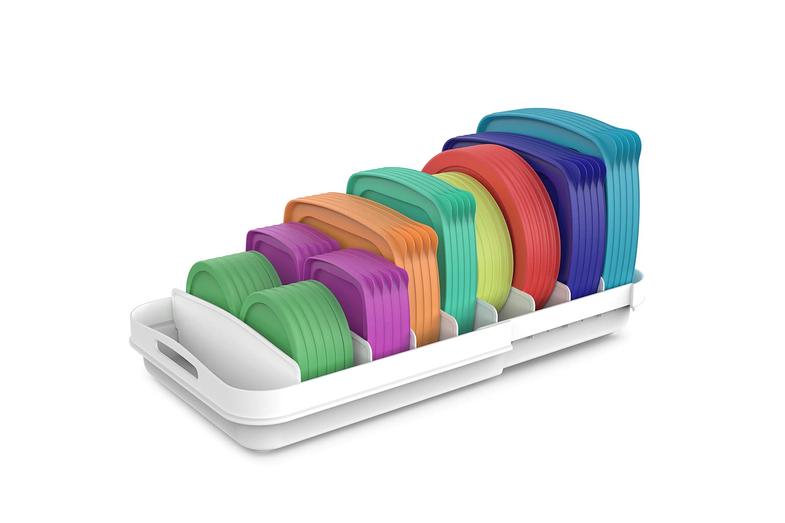 EVERIE extendable lid organizer in cabinet setting saves space for large lids.
