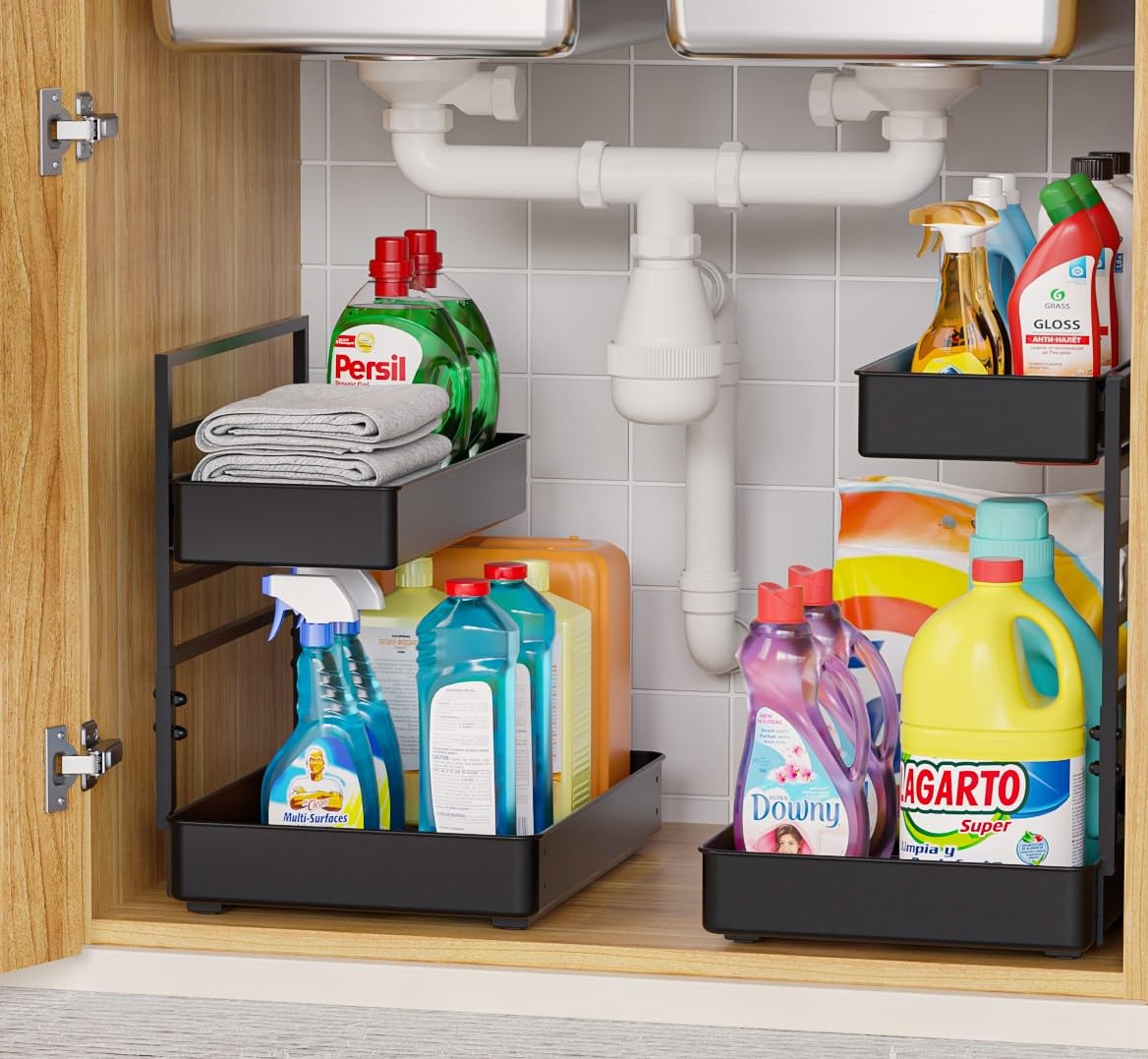 EVERIE height-adjustable 2-tier under-sink shelf with snap-on tray for efficient organization.