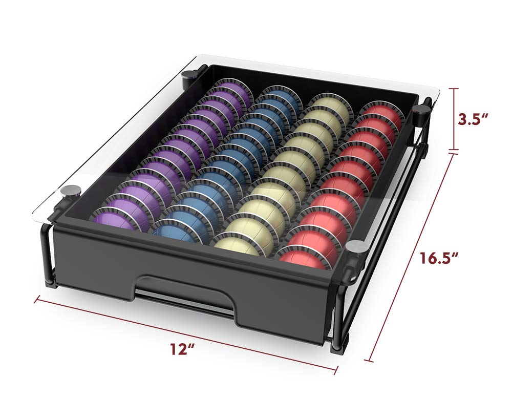 EVERIE universal slots fit big and small Vertuo pods for compact storage.
