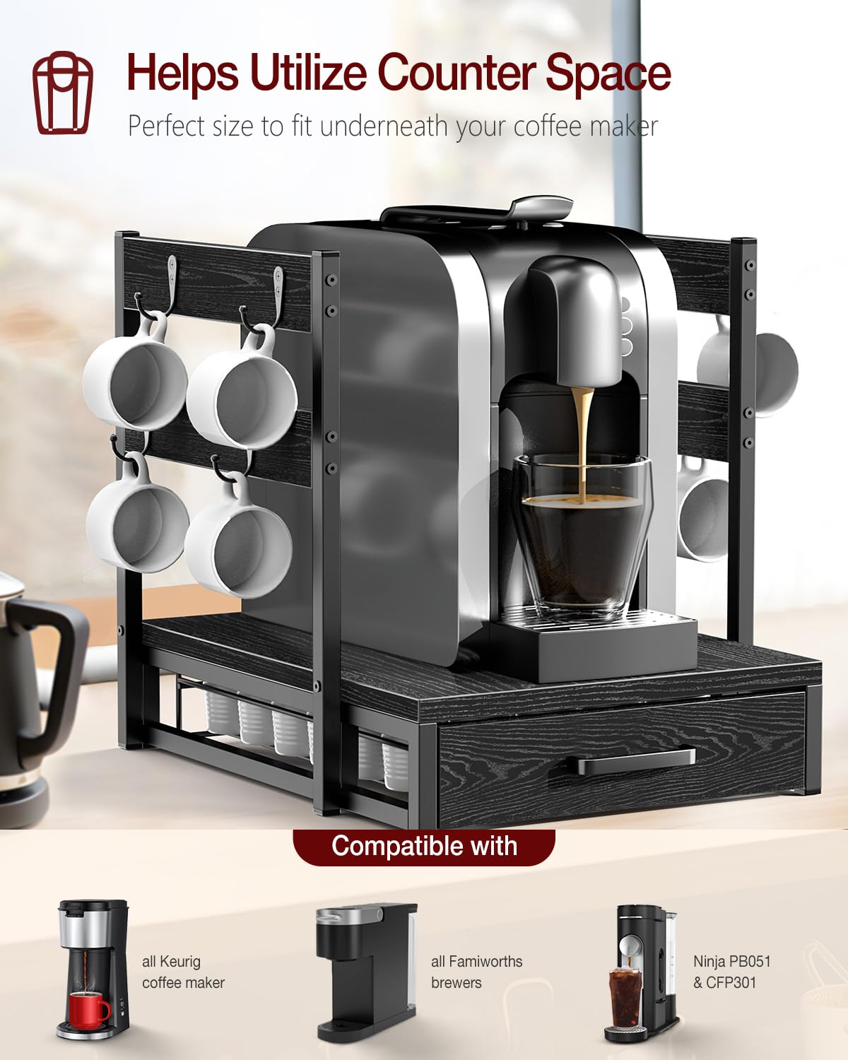 Evermagin black coffee drawer beside the machine for easy access