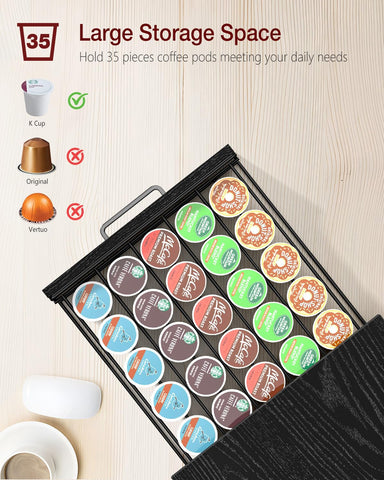Evermagin drawer-style stand holding cups and pods in a compact kitchen setup