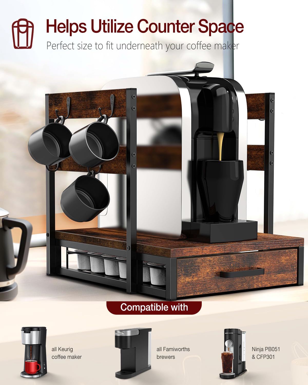 Evermagin K Cup Holder side mug hooks for convenient mug storage.