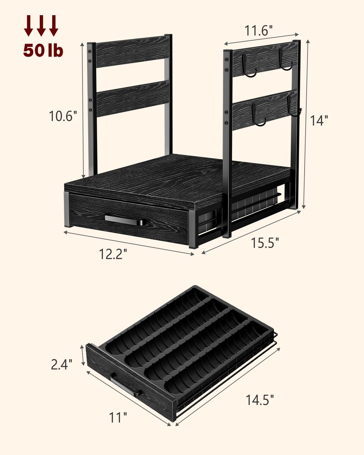 Evermagin wood top supports a coffee maker and accessories in a tidy setup