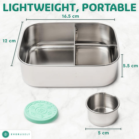 Everusely Bento Box lid-condiment container keeps dressings secure during transport