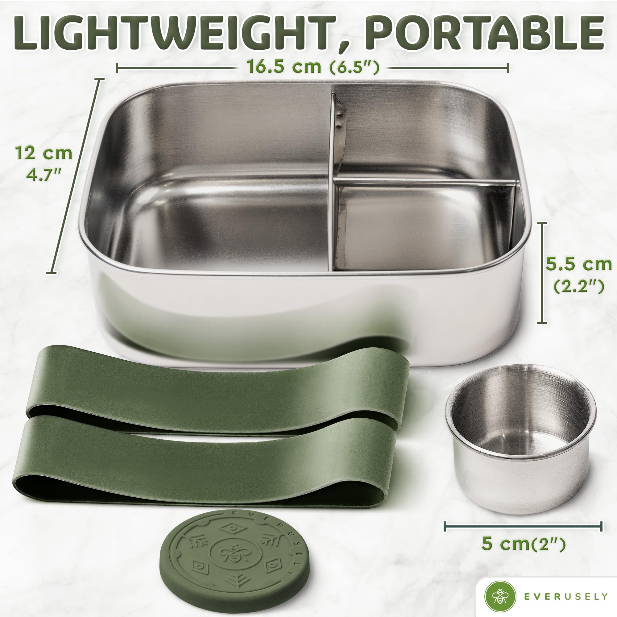 Three-compartment Everusely bento box Sage arrangement for varied meals.