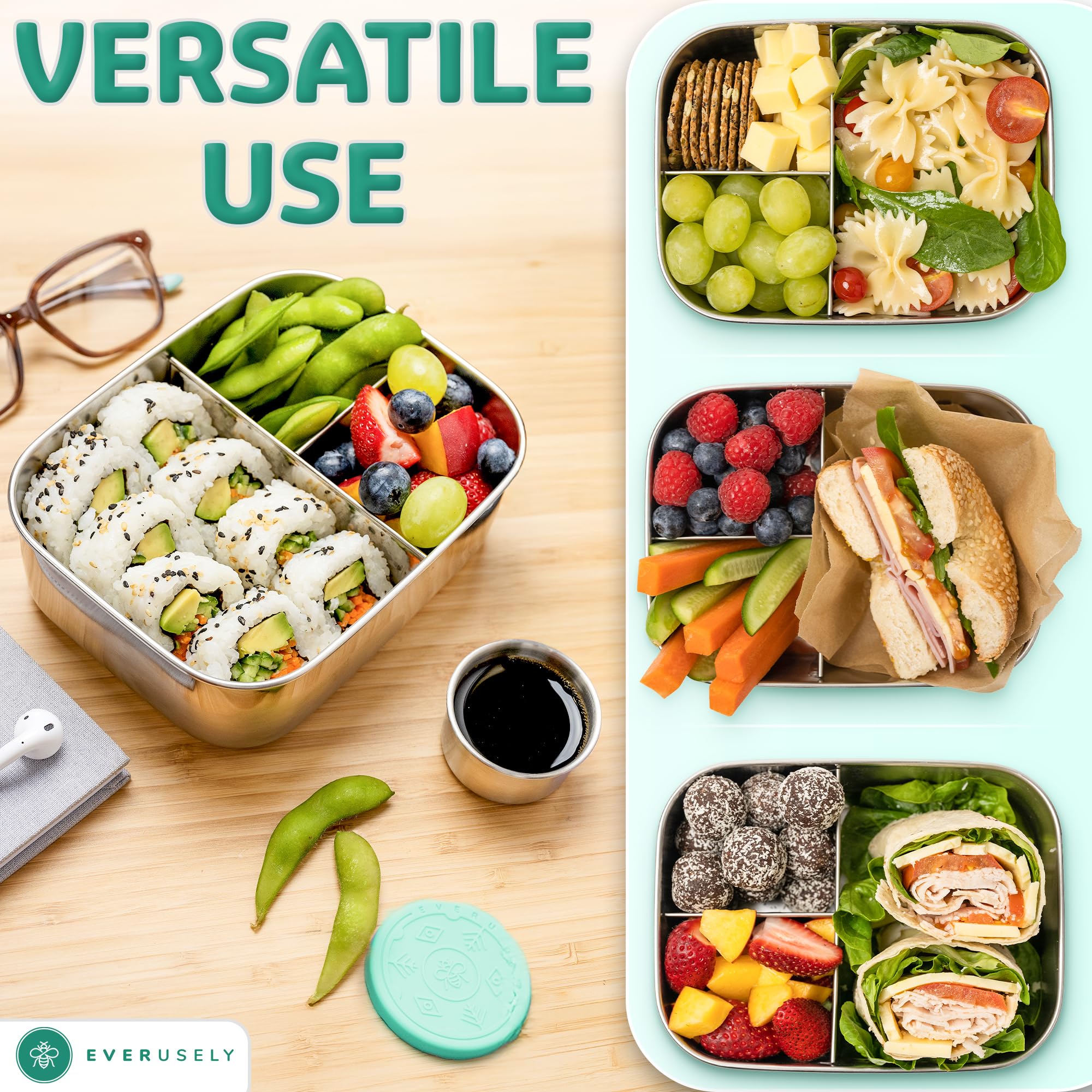 Everusely Bento Box three-compartment layout supports varied lunches
