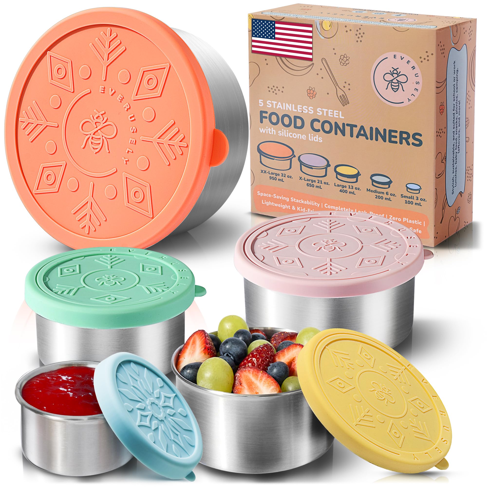 Everusely Bright Collection stainless steel containers with lids for durable daily use.