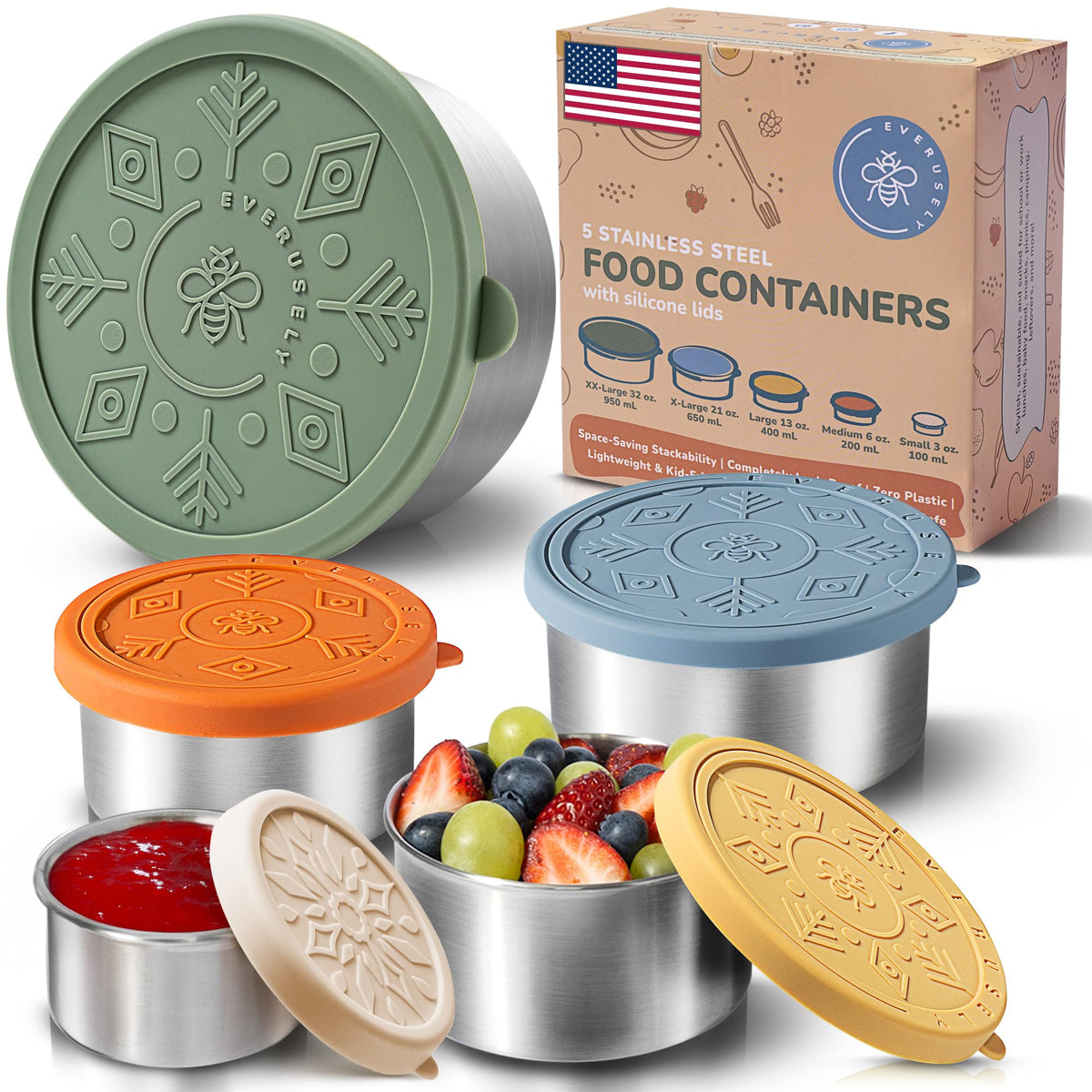 Everusely stainless steel containers with lids, 5-piece set, keep meals organized for portable use.
