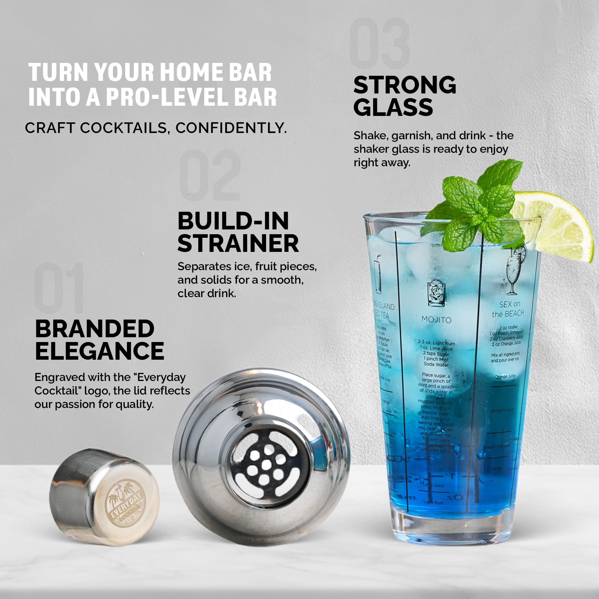 EVERYDAY COCKTAIL shaker built-in strainer for mess-free pouring