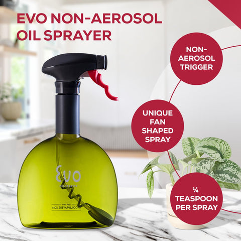 Evo Oil Sprayer shows a twist-on funnel for mess-free refilling