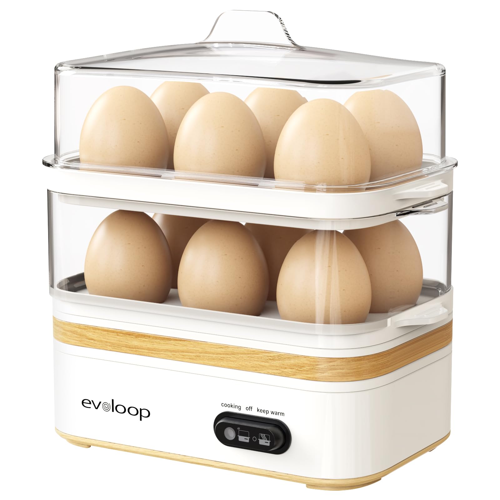 Evoloop Rapid Egg Cooker showing 12-egg capacity for batch breakfasts