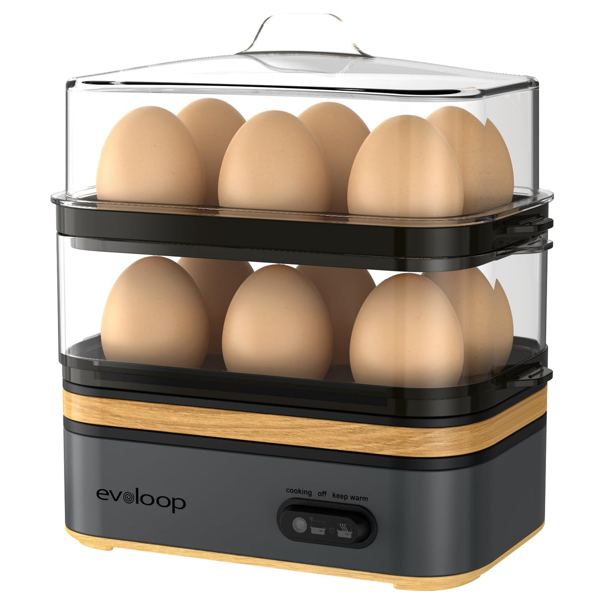 Evoloop Rapid Egg Cooker demonstrates 12-egg capacity for busy mornings.