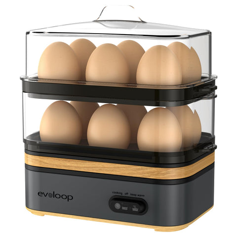 Evoloop Rapid Egg Cooker demonstrates 12-egg capacity for busy mornings.