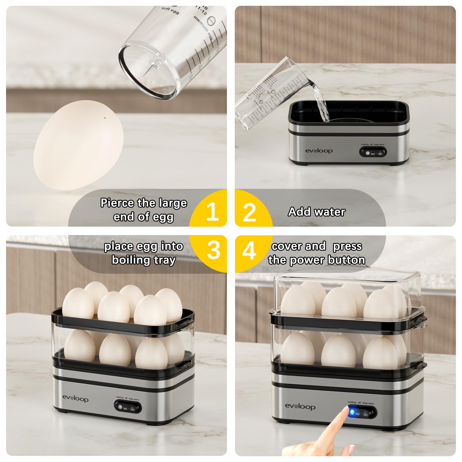 Evoloop dishwasher-safe accessories simplify cleaning after breakfast prep.