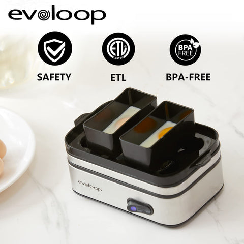 Evoloop Rapid Egg Cooker on kitchen counter highlights small footprint.
