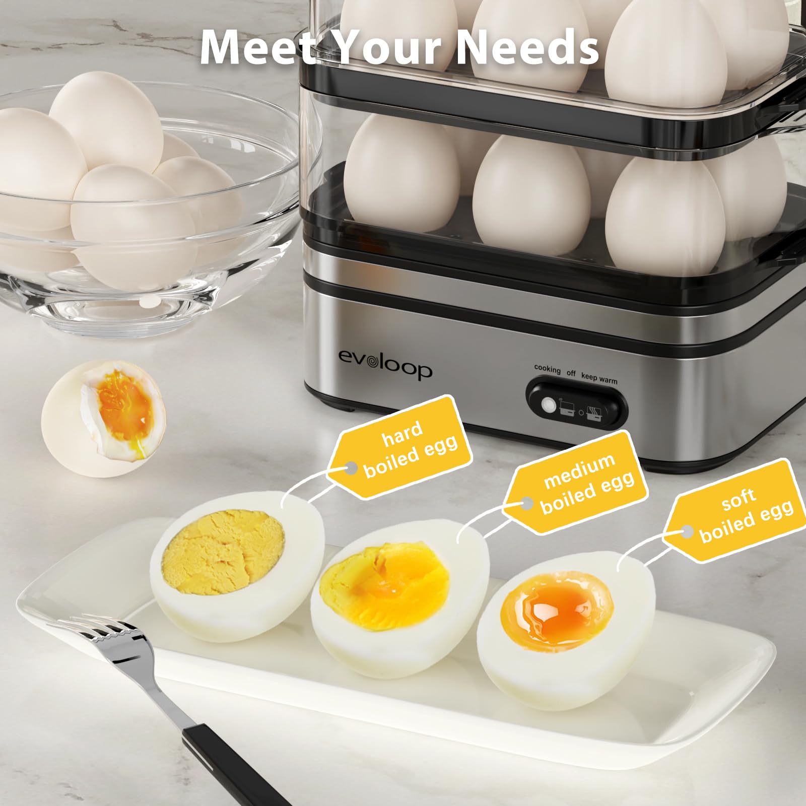 Evoloop Rapid Egg Cooker double-layer setup suitable for solo meals or family breakfasts.
