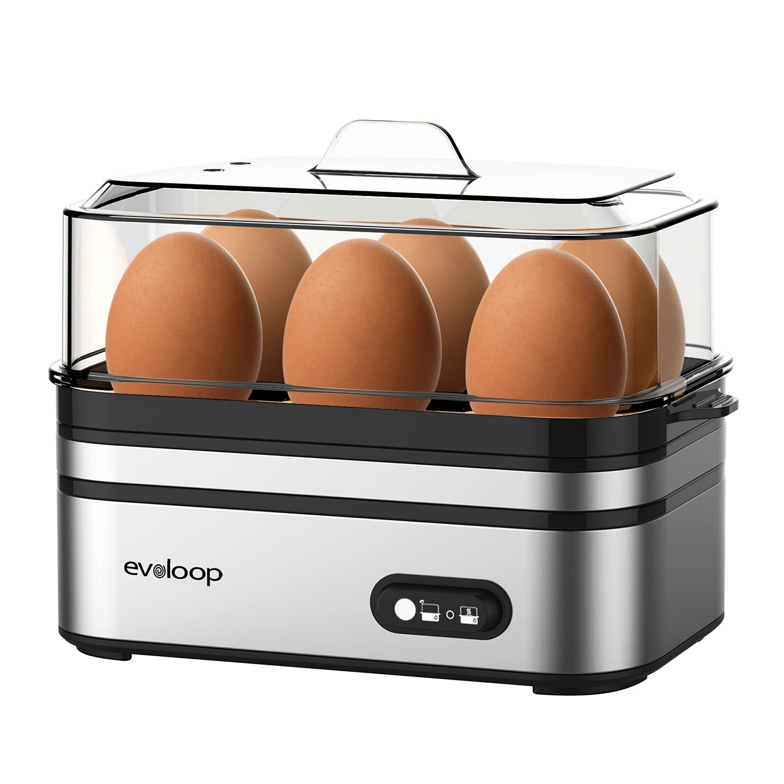 Evoloop Rapid Egg Cooker front view in compact kitchen for quick breakfasts.